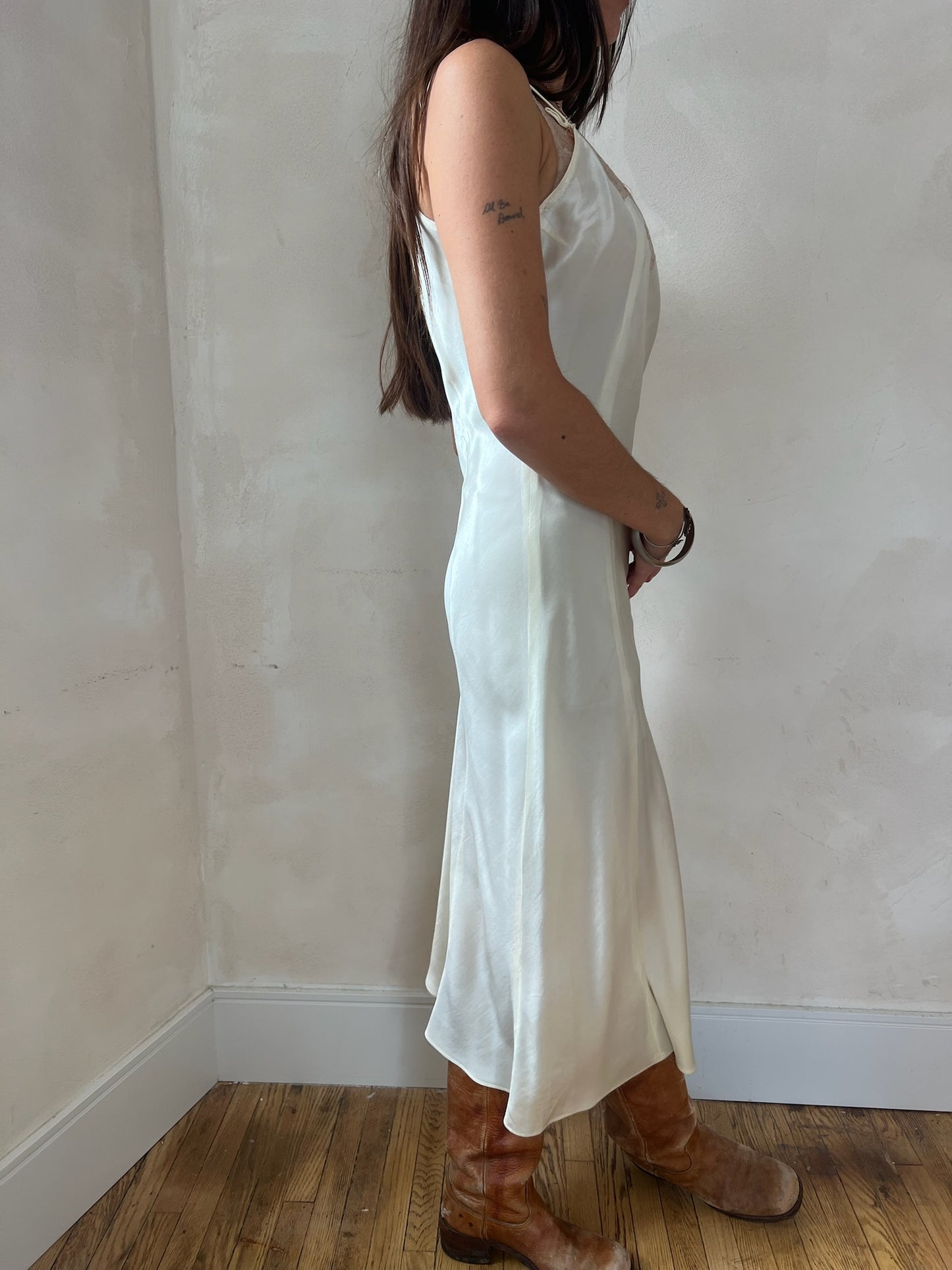 1930s Ivory Satin Slip with Taupe Lace