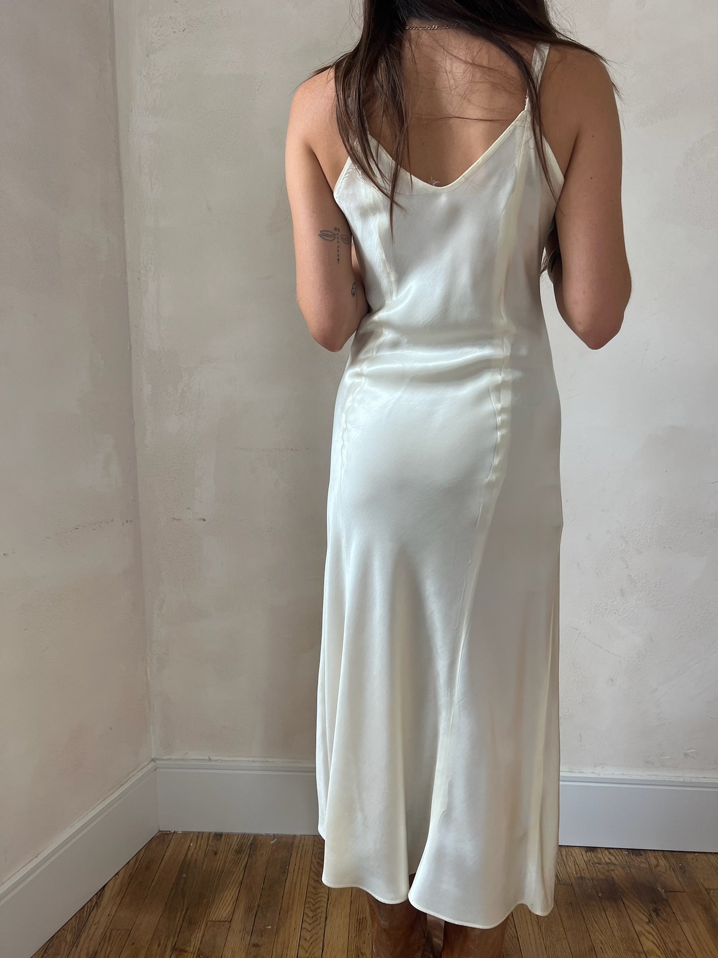 1930s Ivory Satin Slip with Taupe Lace