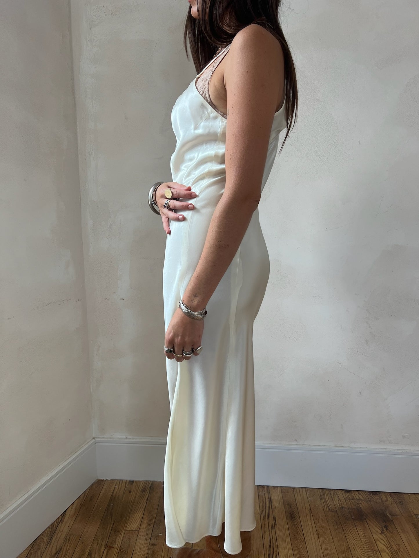 1930s Ivory Satin Slip with Taupe Lace