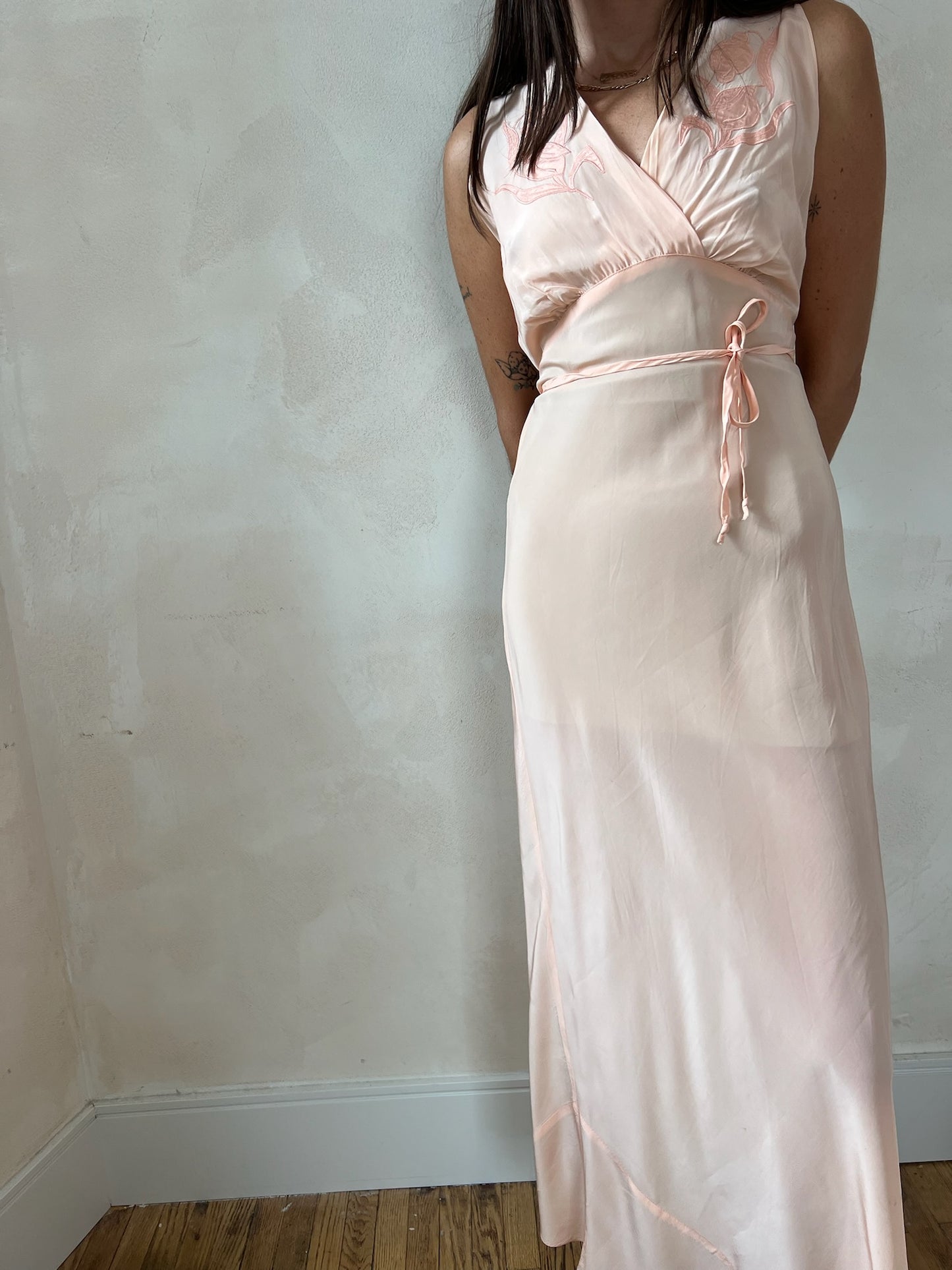 1930s Coral Embroidered Slip