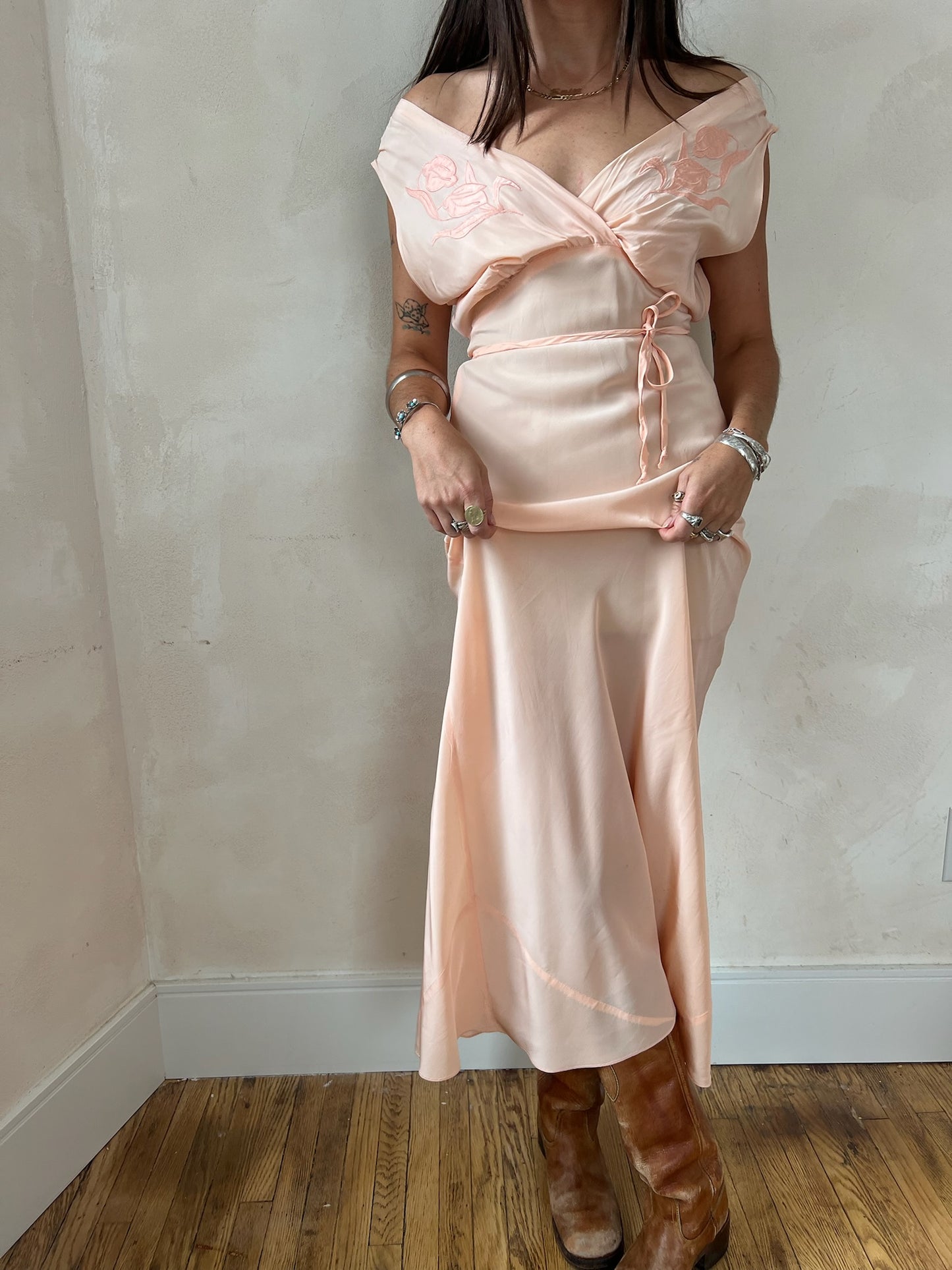 1930s Coral Embroidered Slip