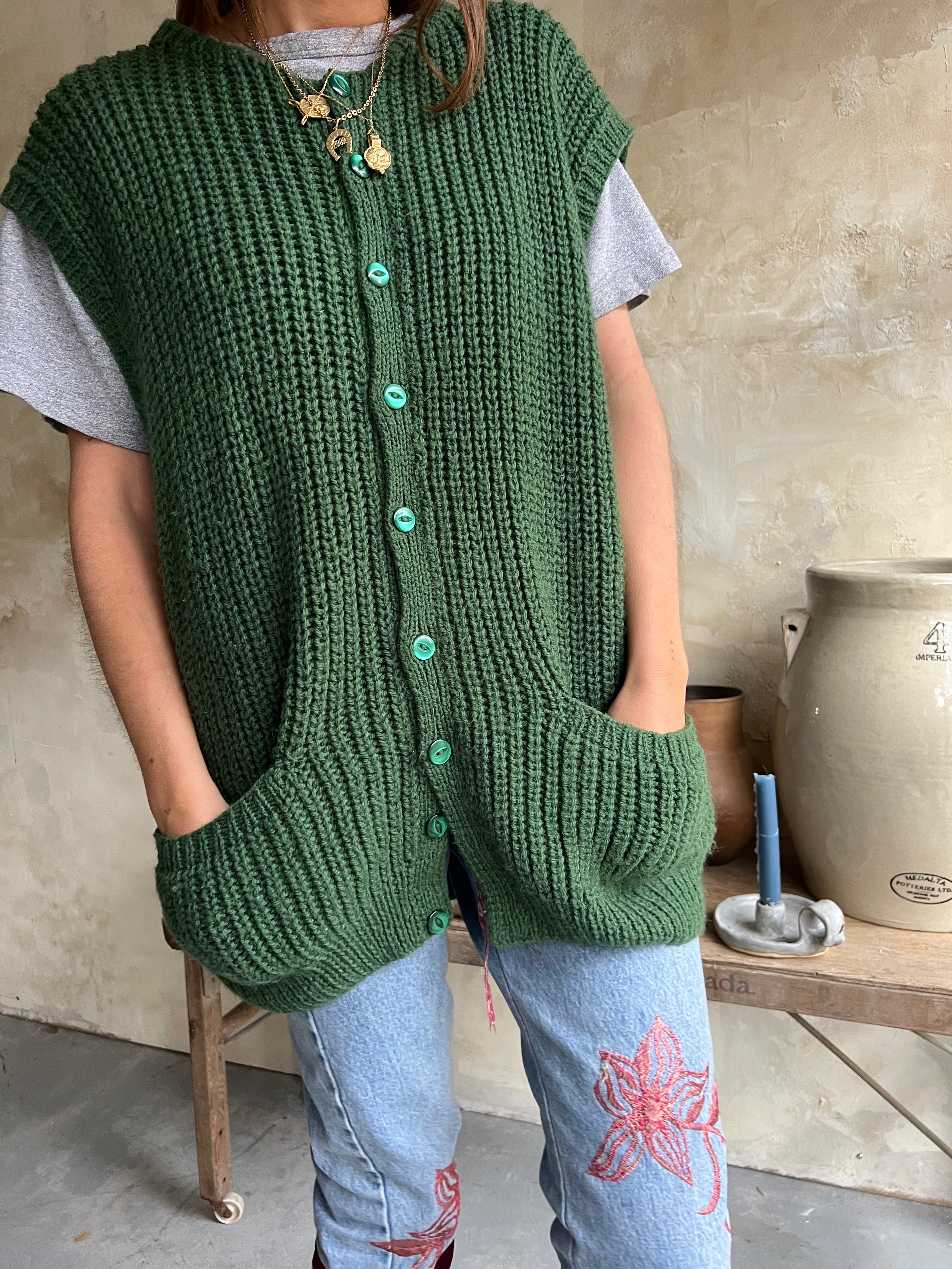 Green Knit Cardigan Vest