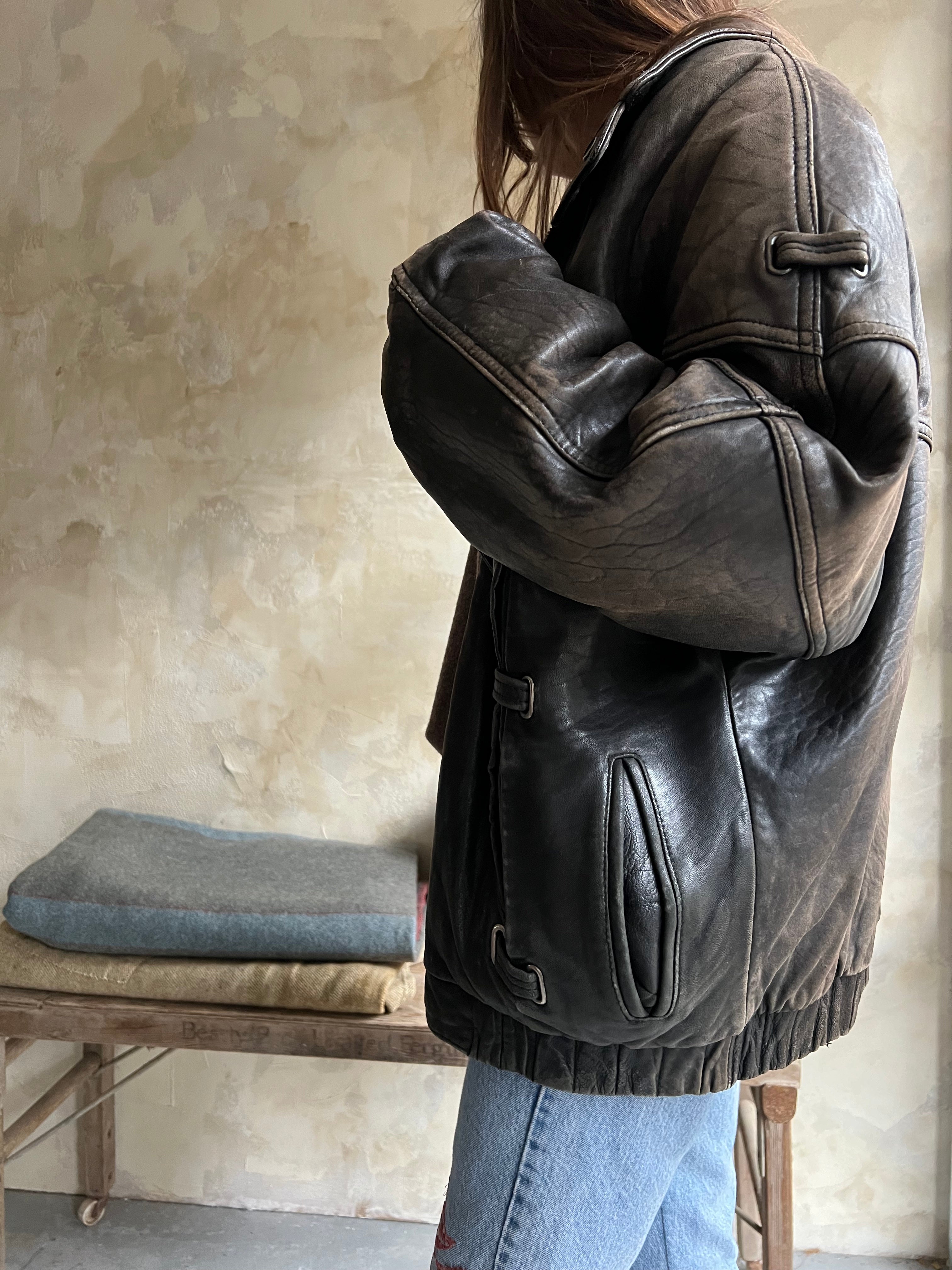 Faded Black Leather Bomber
