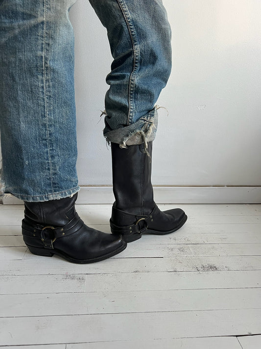 Black Square Toe Western Biker Boot