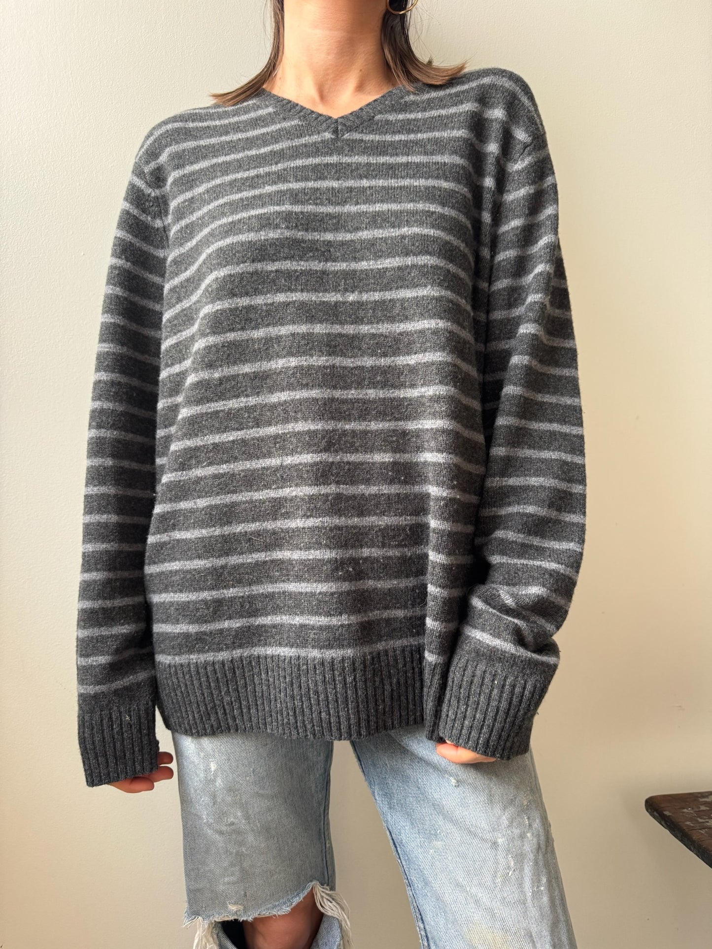 Striped Lambswool V-neck Sweater