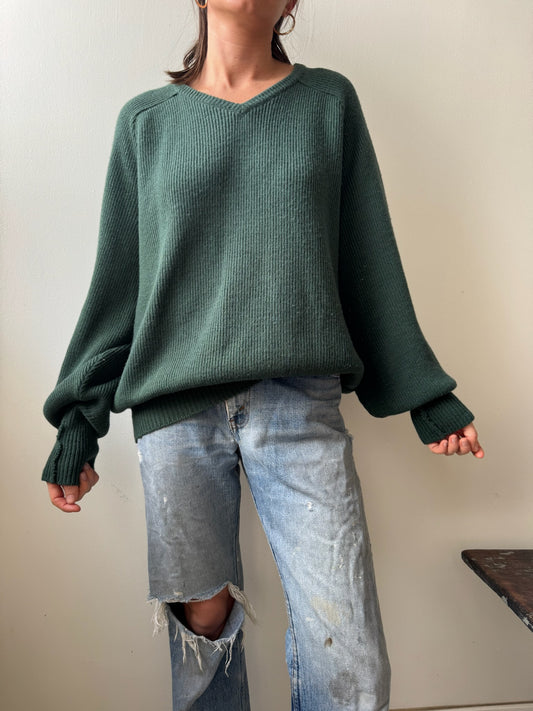 Ribbed Emerald Green V-neck Sweater
