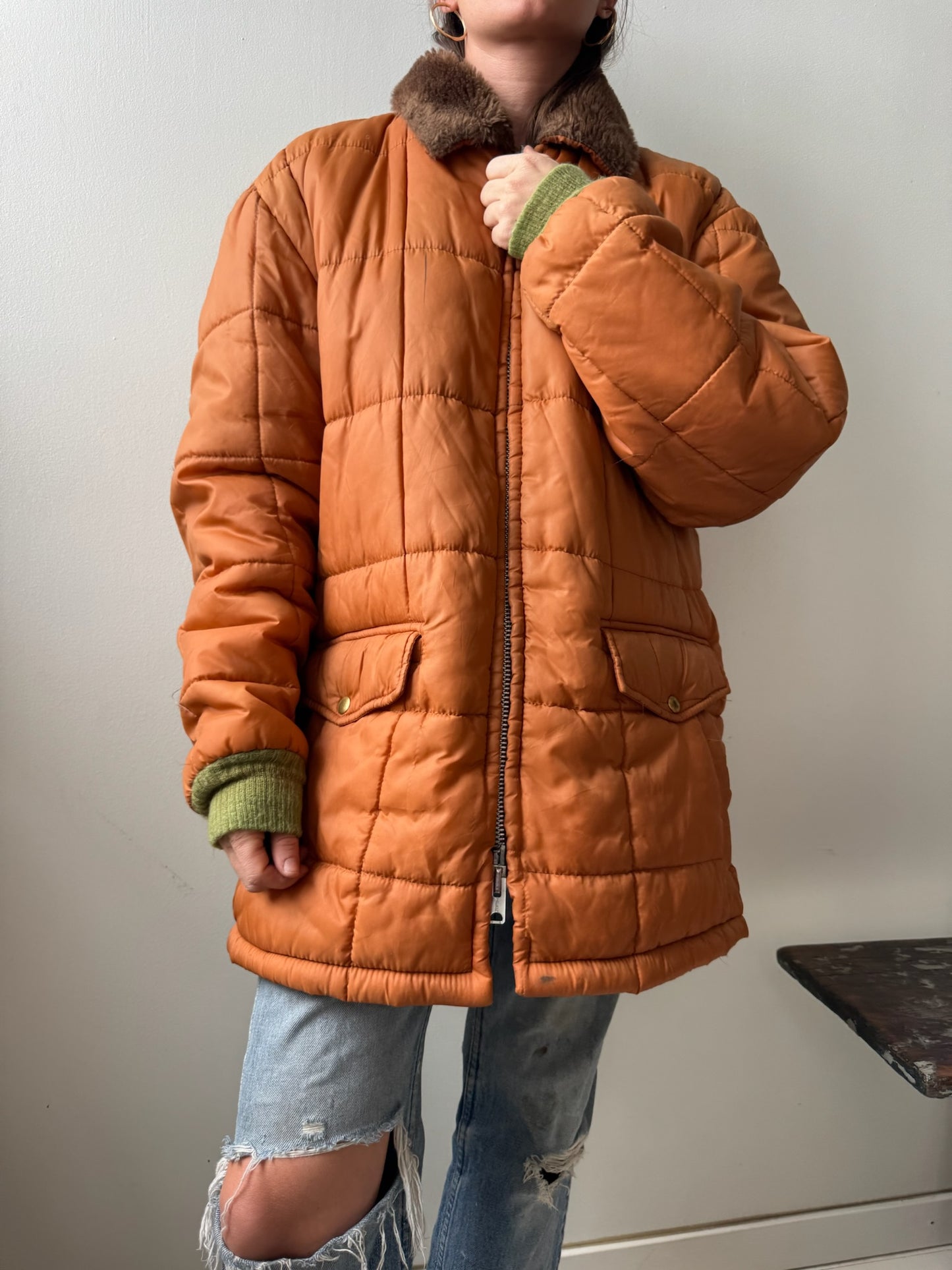 Orange Quilted Zip-Up Puffer Jacket