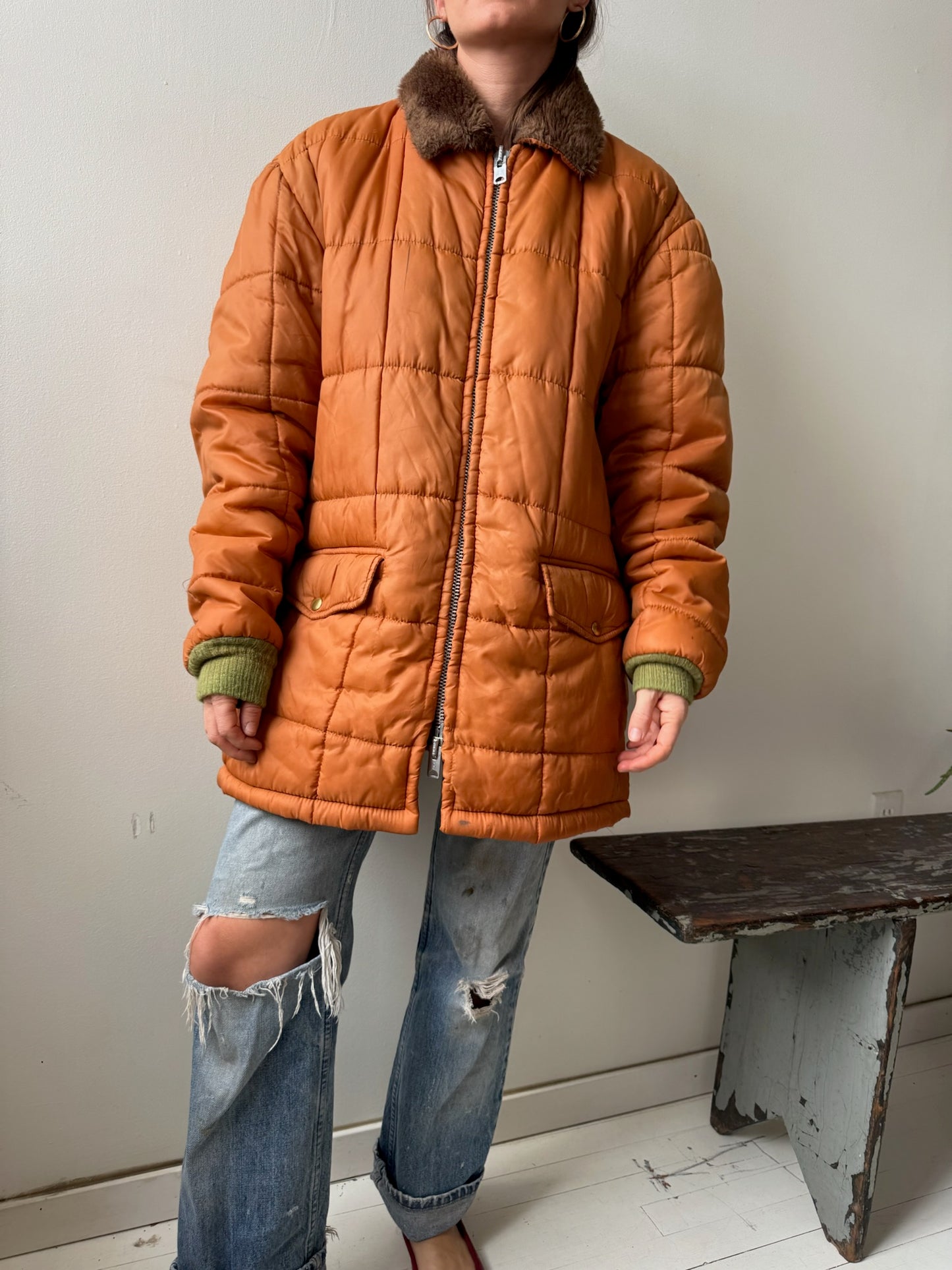Orange Quilted Zip-Up Puffer Jacket