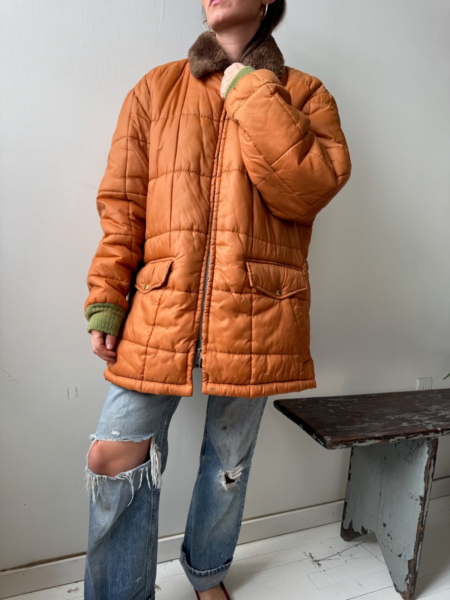 Orange Quilted Zip-Up Puffer Jacket