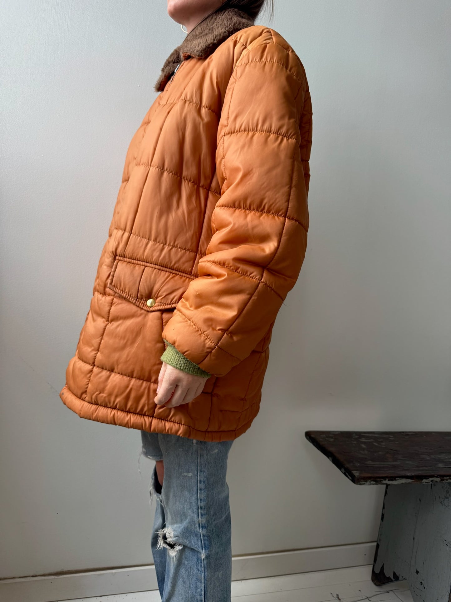 Orange Quilted Zip-Up Puffer Jacket