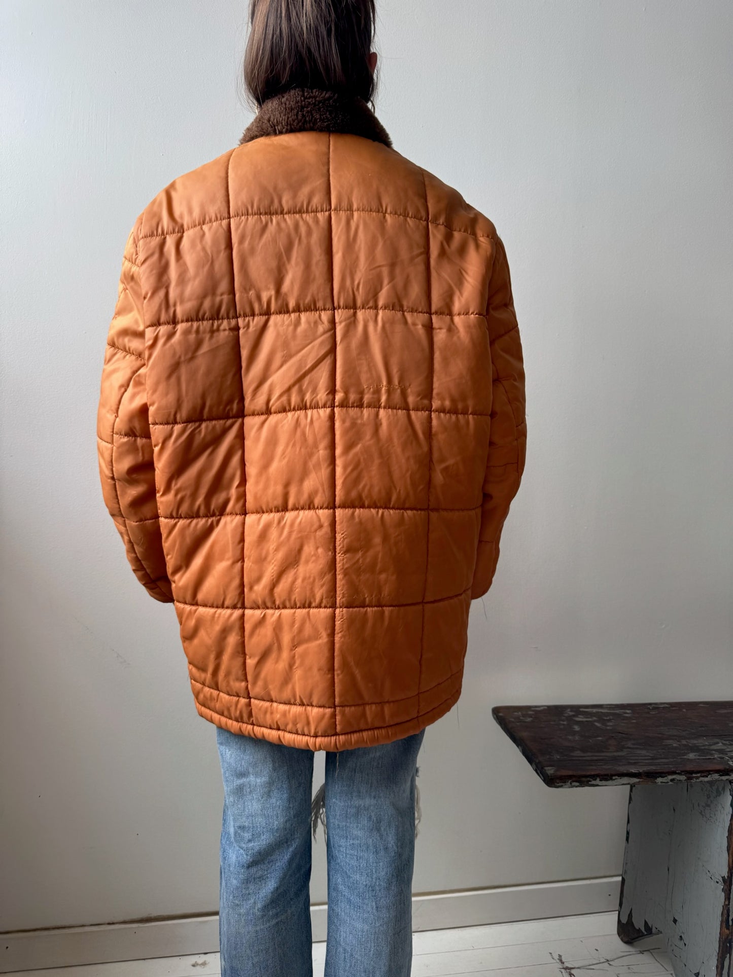 Orange Quilted Zip-Up Puffer Jacket