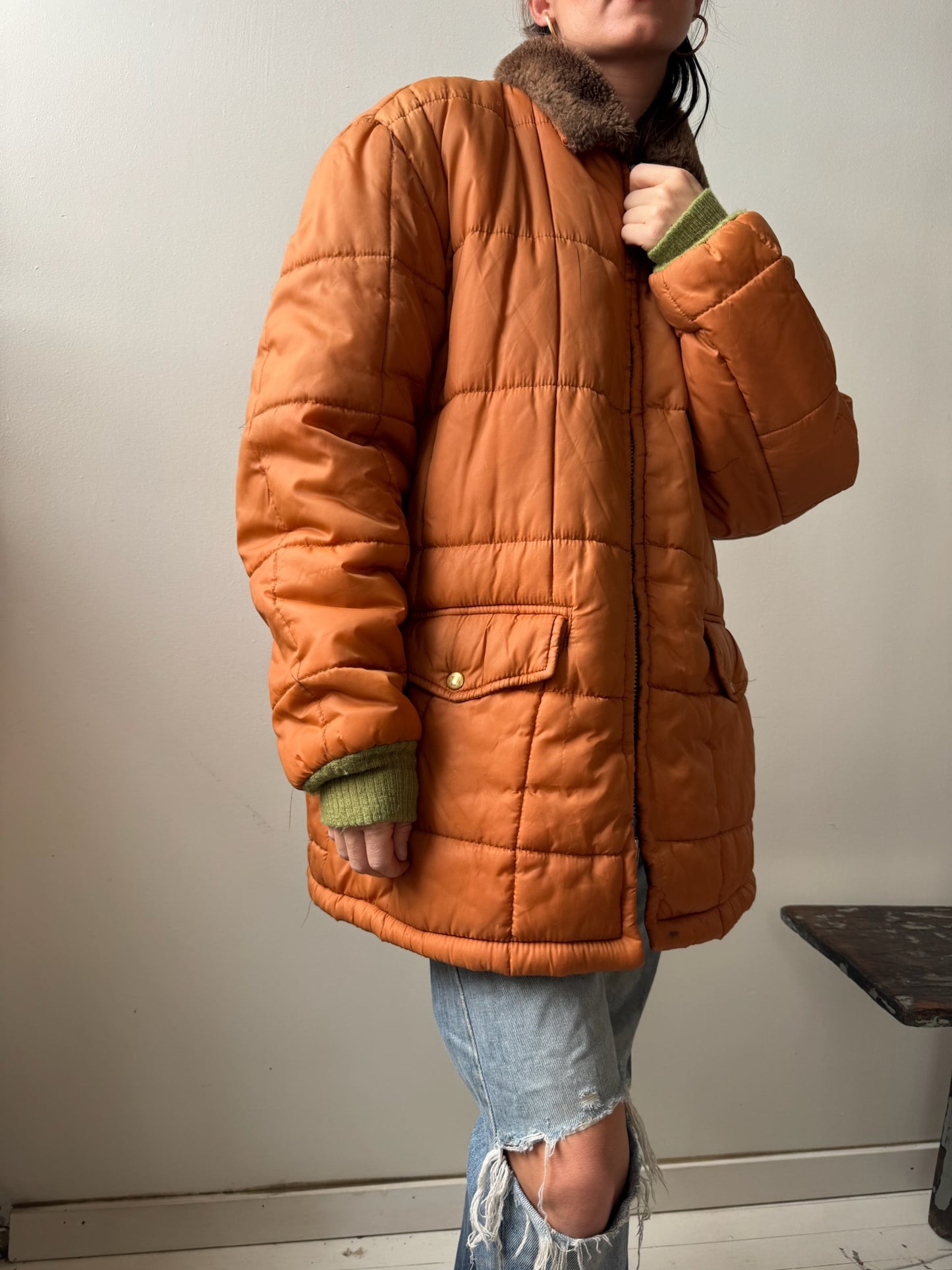 Orange Quilted Zip-Up Puffer Jacket