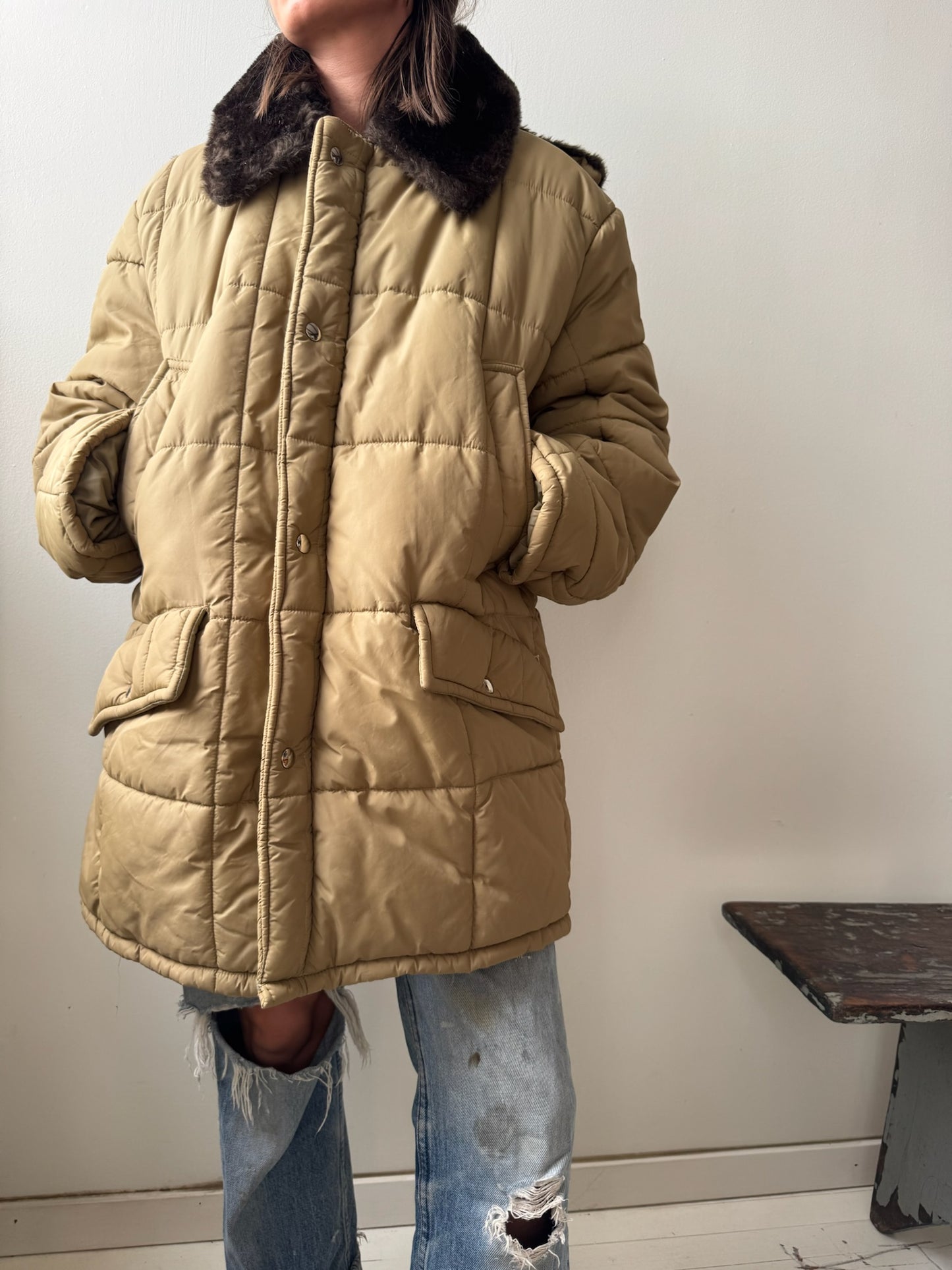 Quilted Beige Zip up Puffer Jacket
