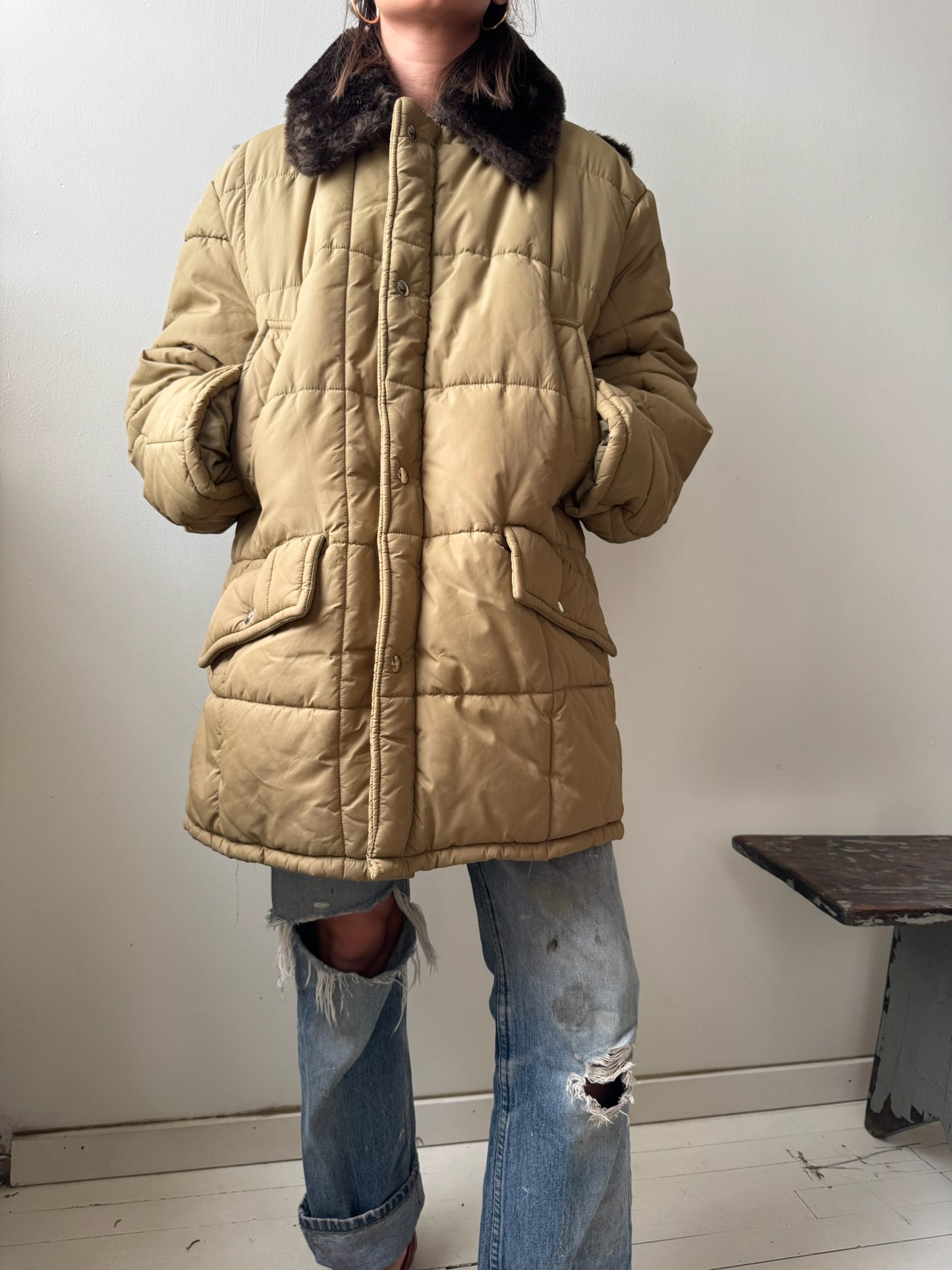 Quilted Beige Zip up Puffer Jacket