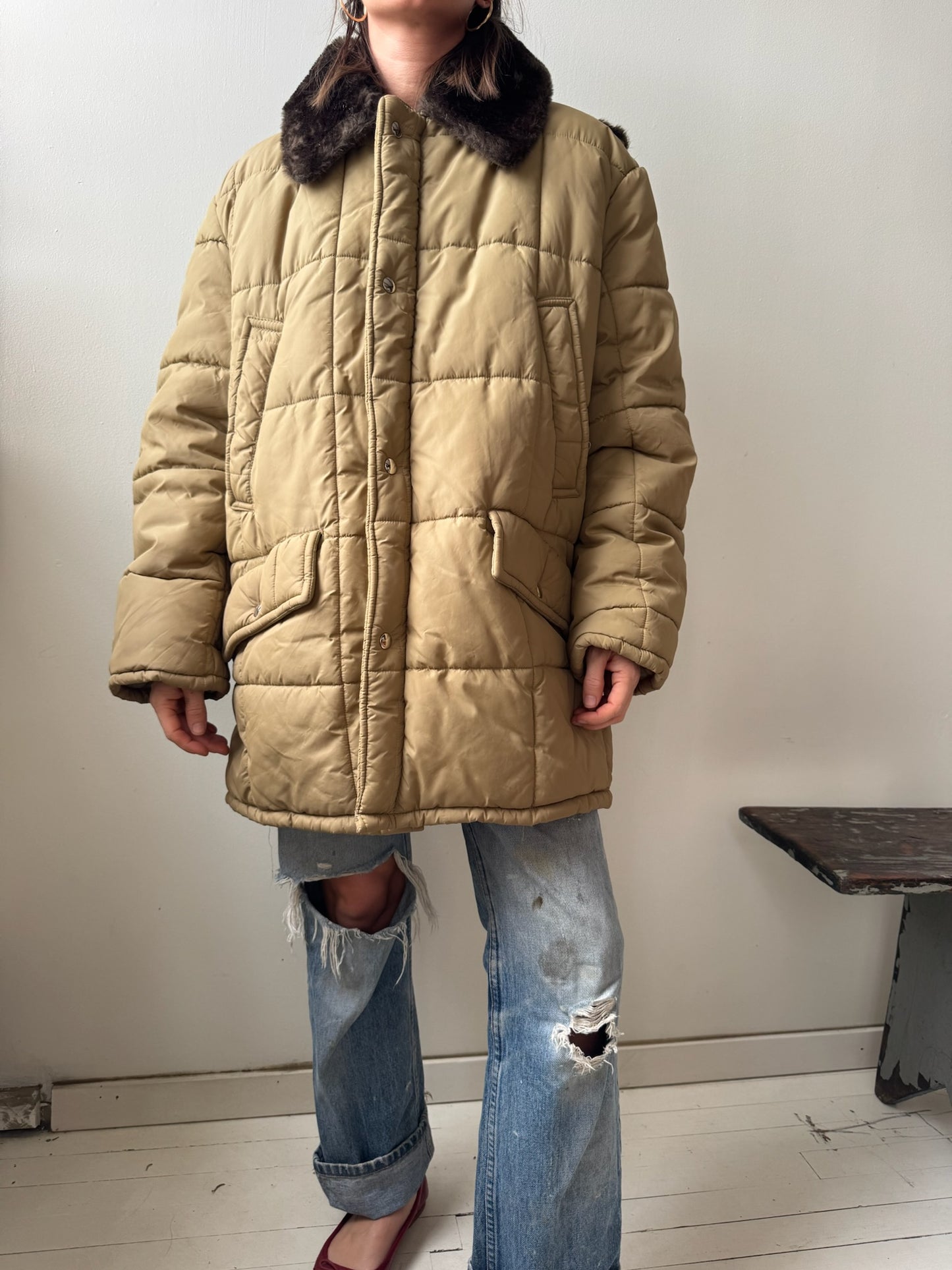 Quilted Beige Zip up Puffer Jacket