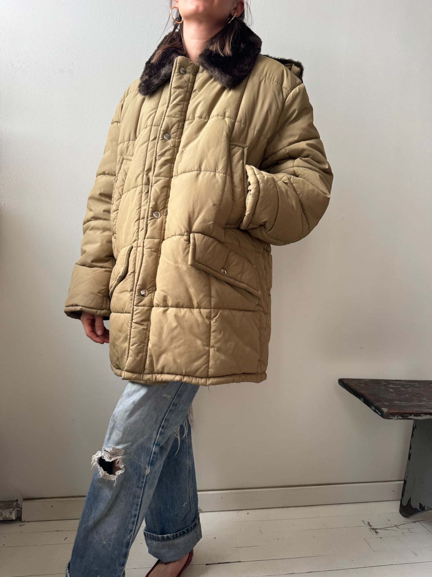 Quilted Beige Zip up Puffer Jacket