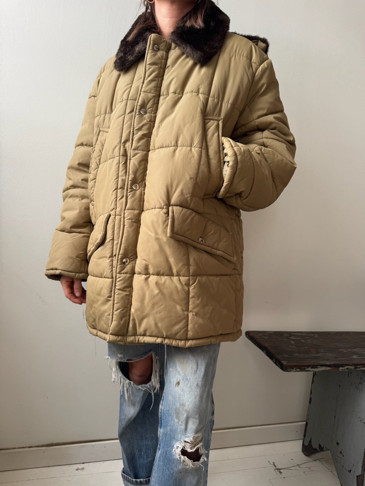 Quilted Beige Zip up Puffer Jacket