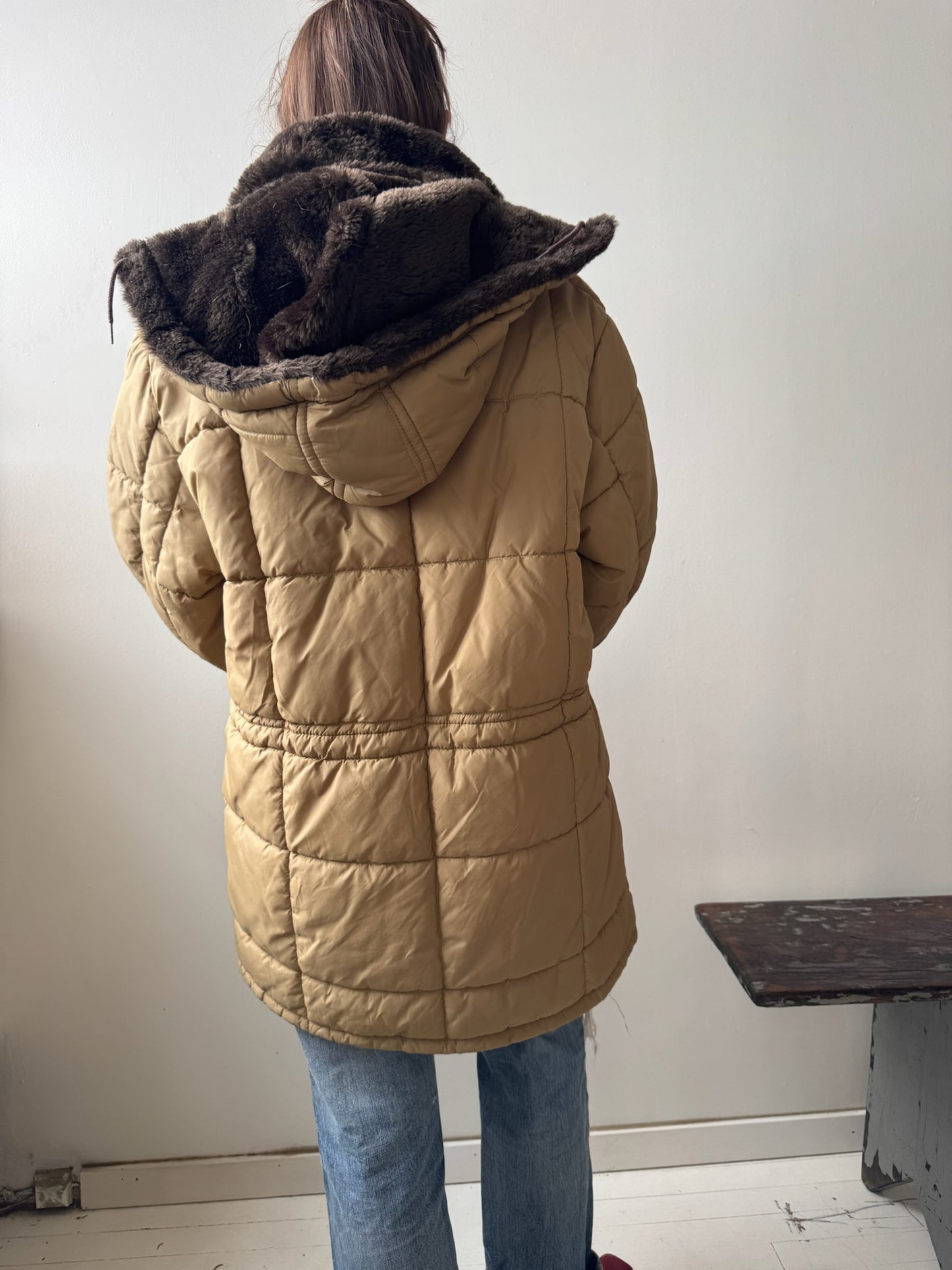 Quilted Beige Zip up Puffer Jacket