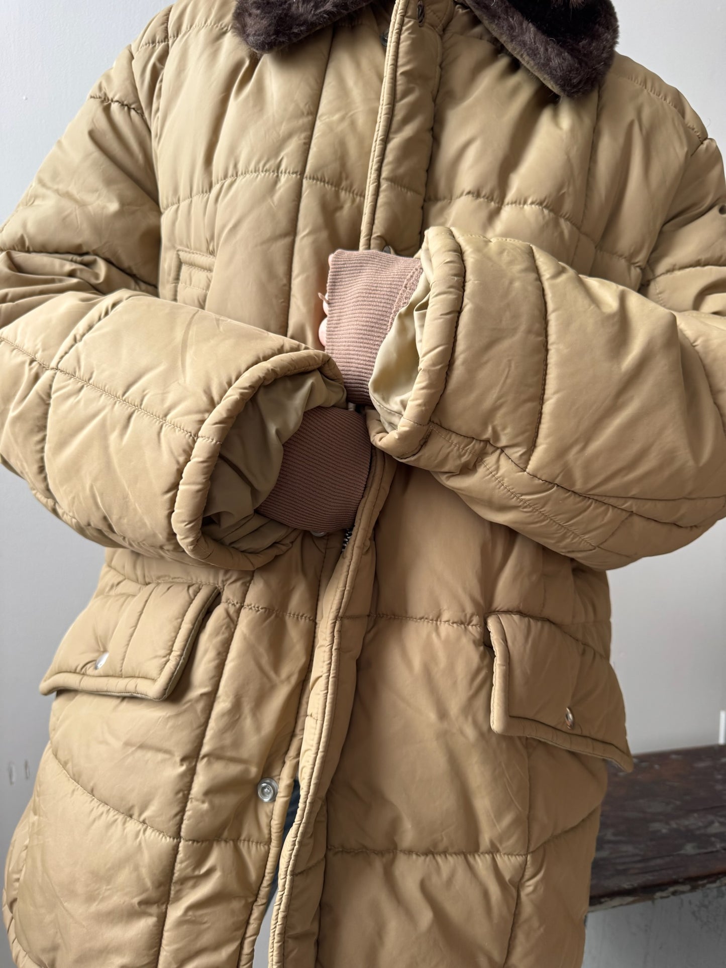 Quilted Beige Zip up Puffer Jacket