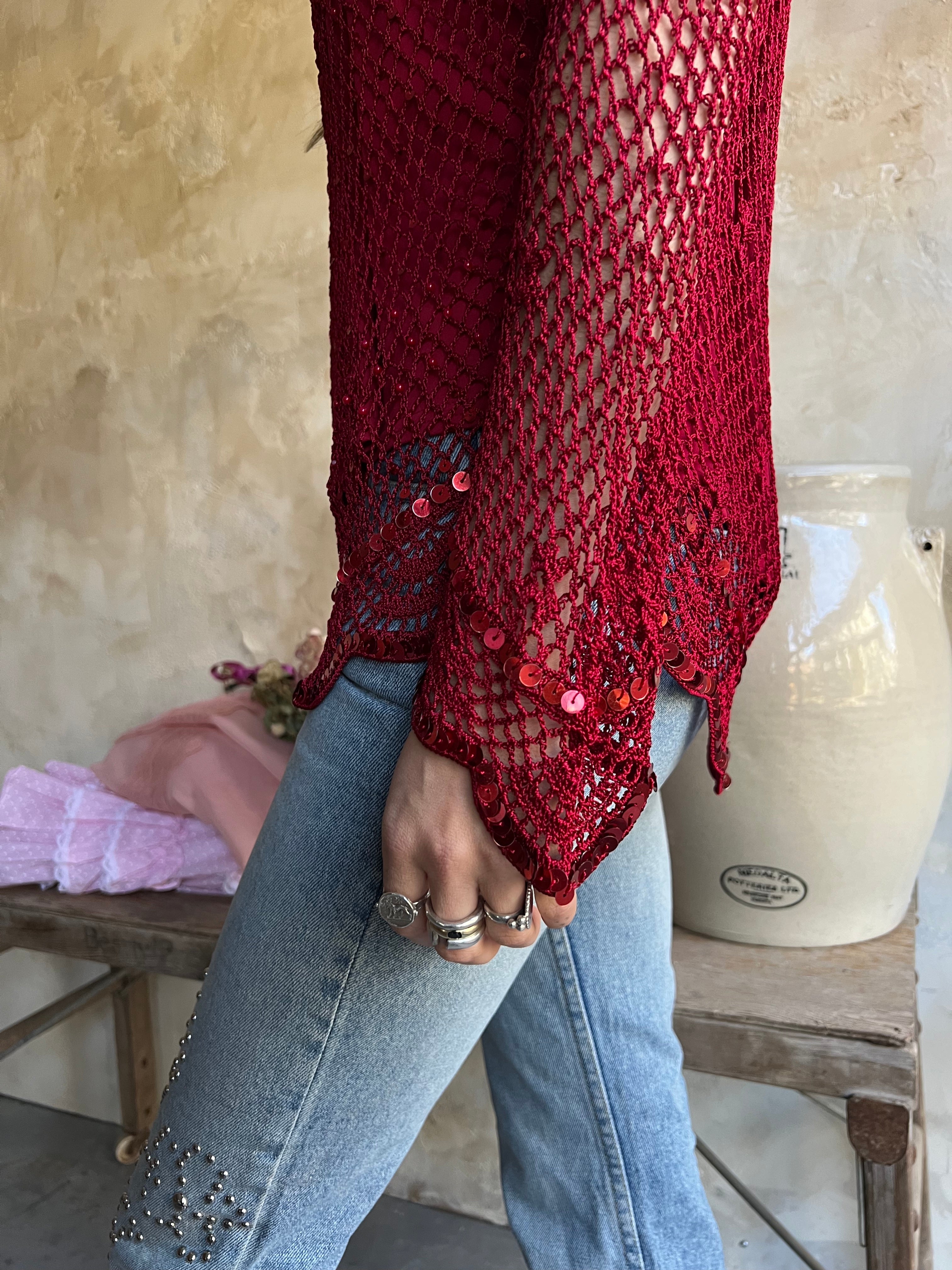 Red Sequin Long-sleeve Crochet Top