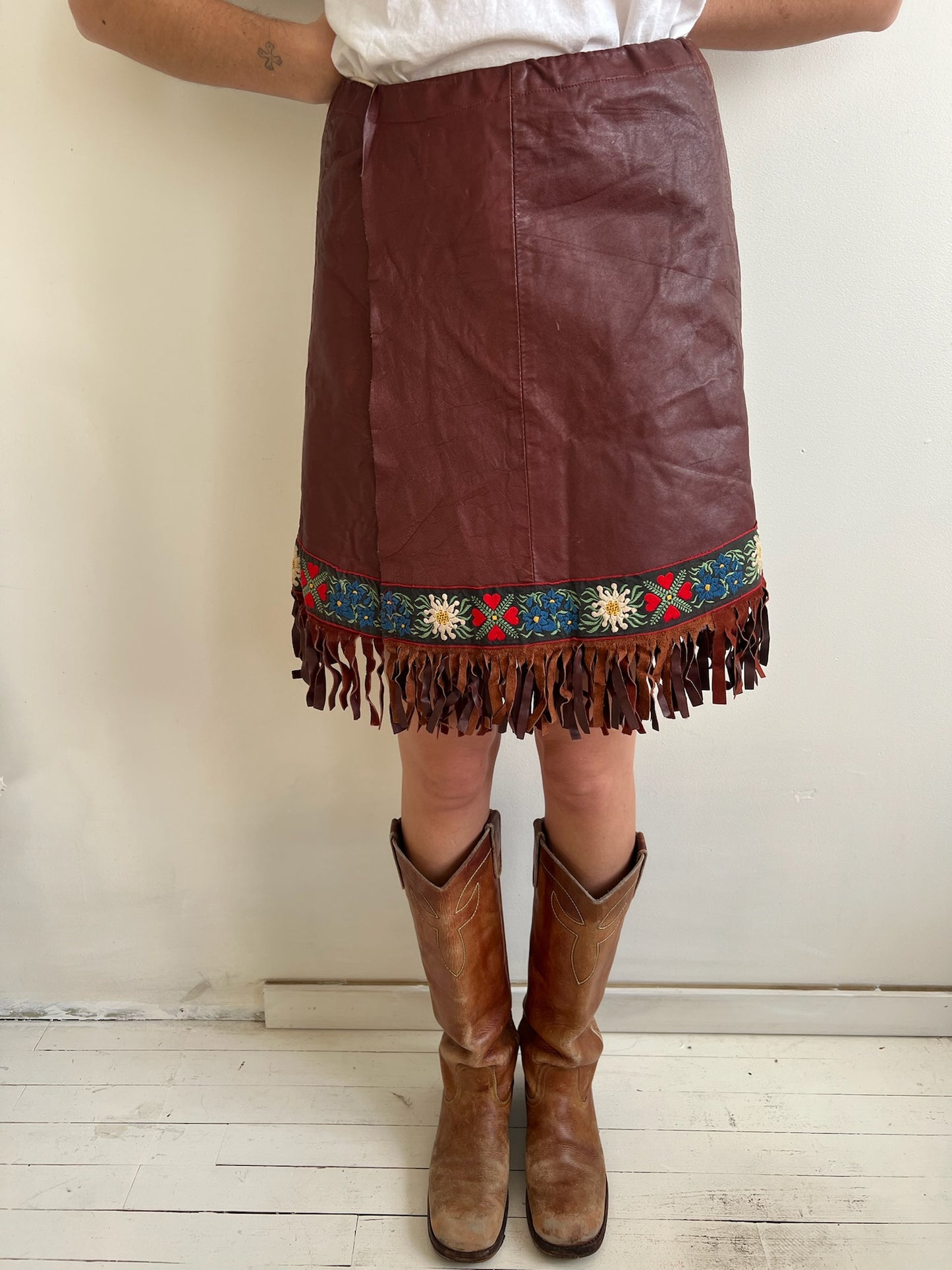 Brown Leather Fringe Wrap Skirt