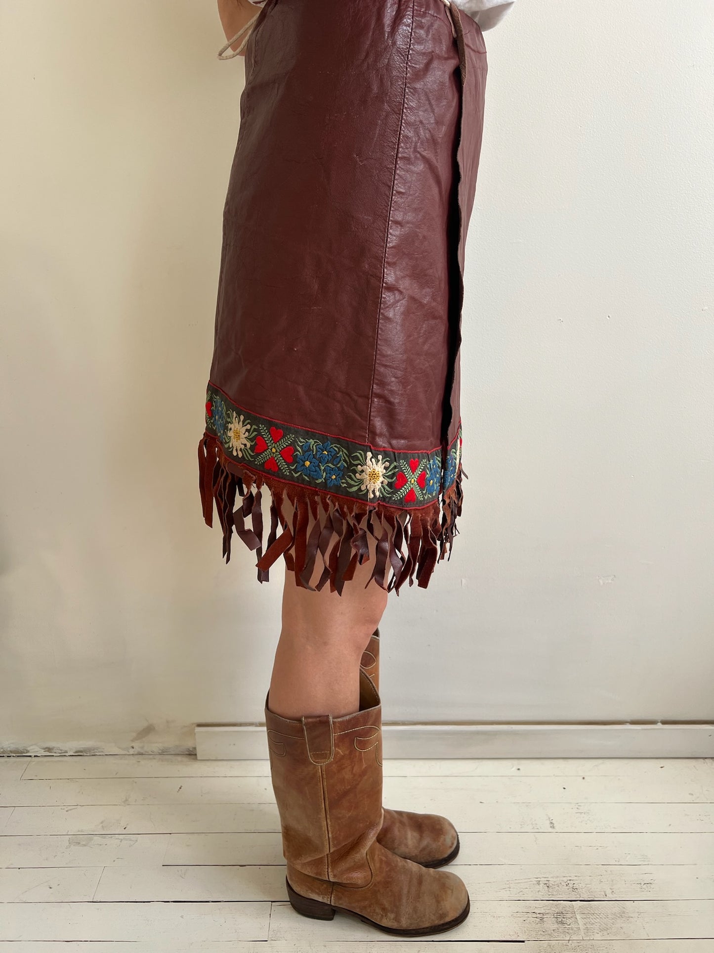 Brown Leather Fringe Wrap Skirt