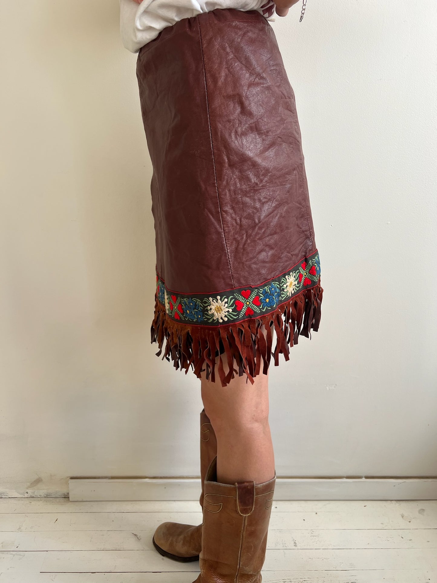 Brown Leather Fringe Wrap Skirt