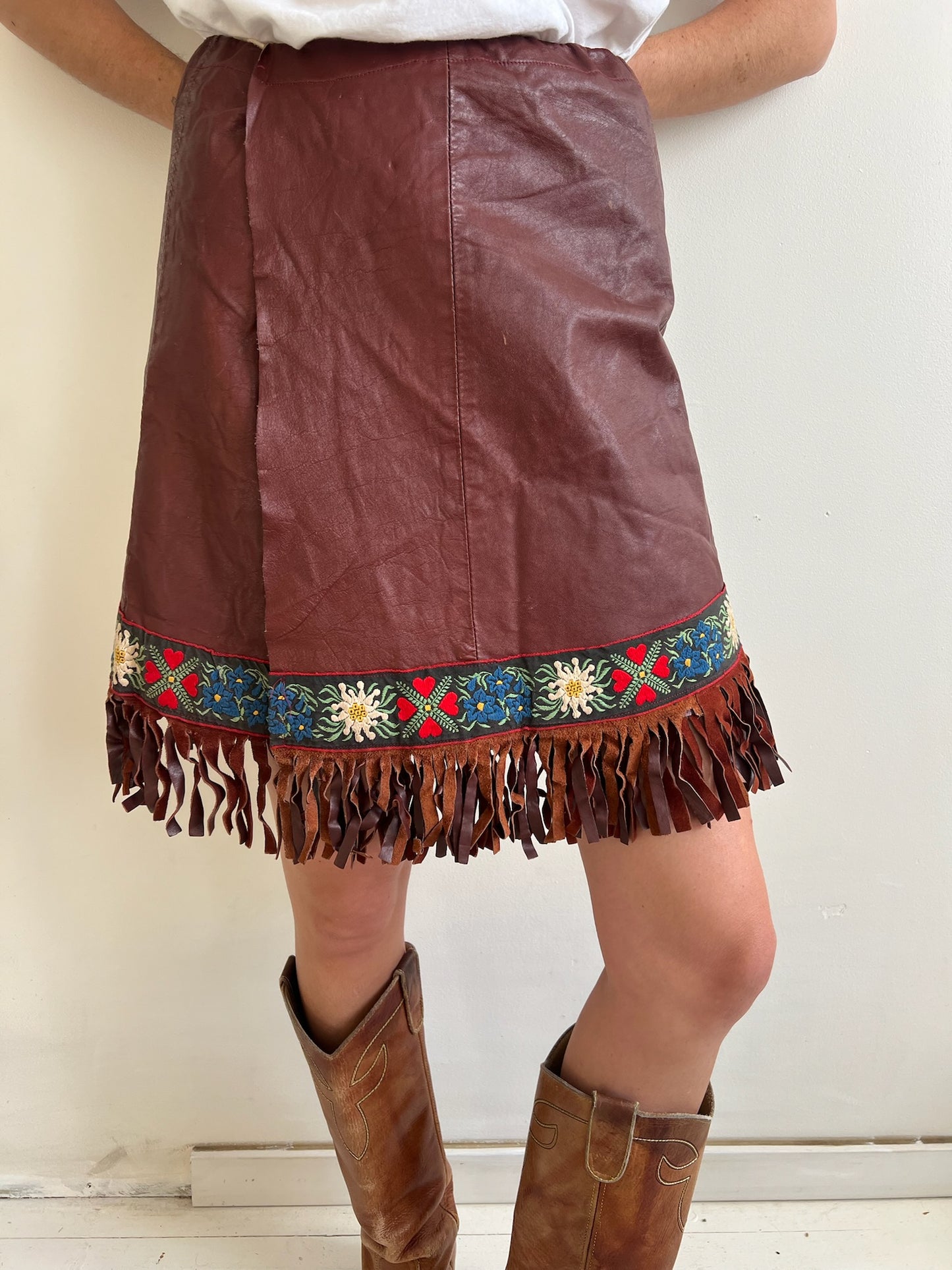 Brown Leather Fringe Wrap Skirt