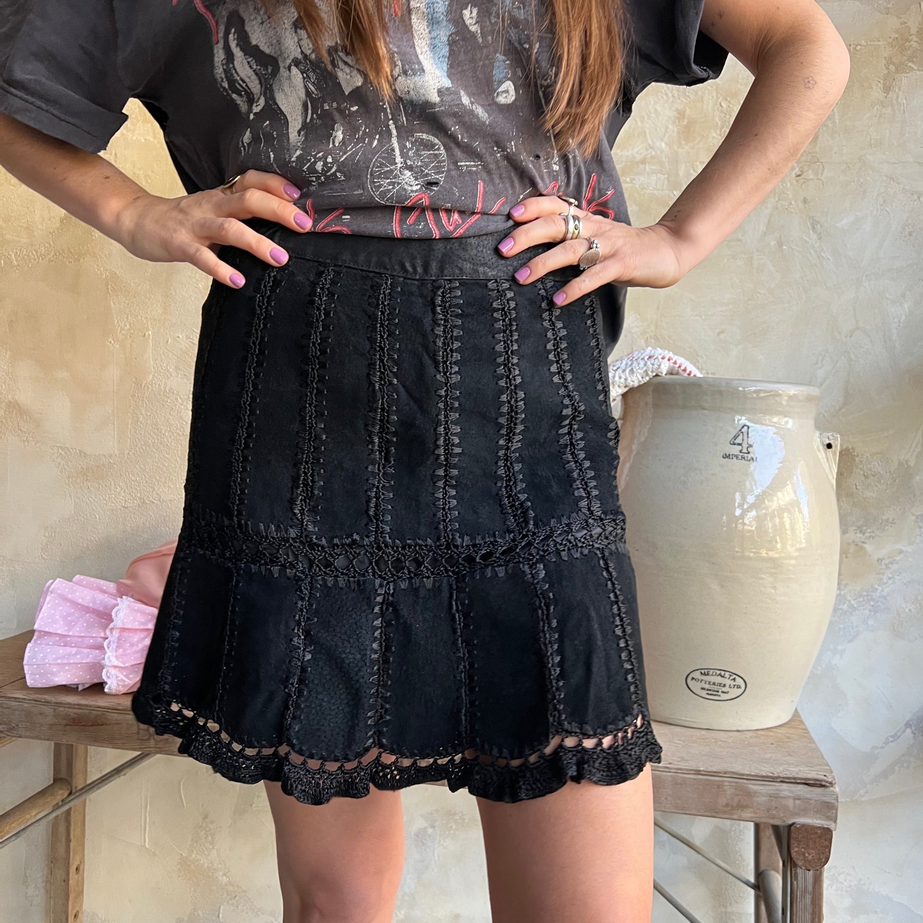 Black Suede Crochet Mini Skirt