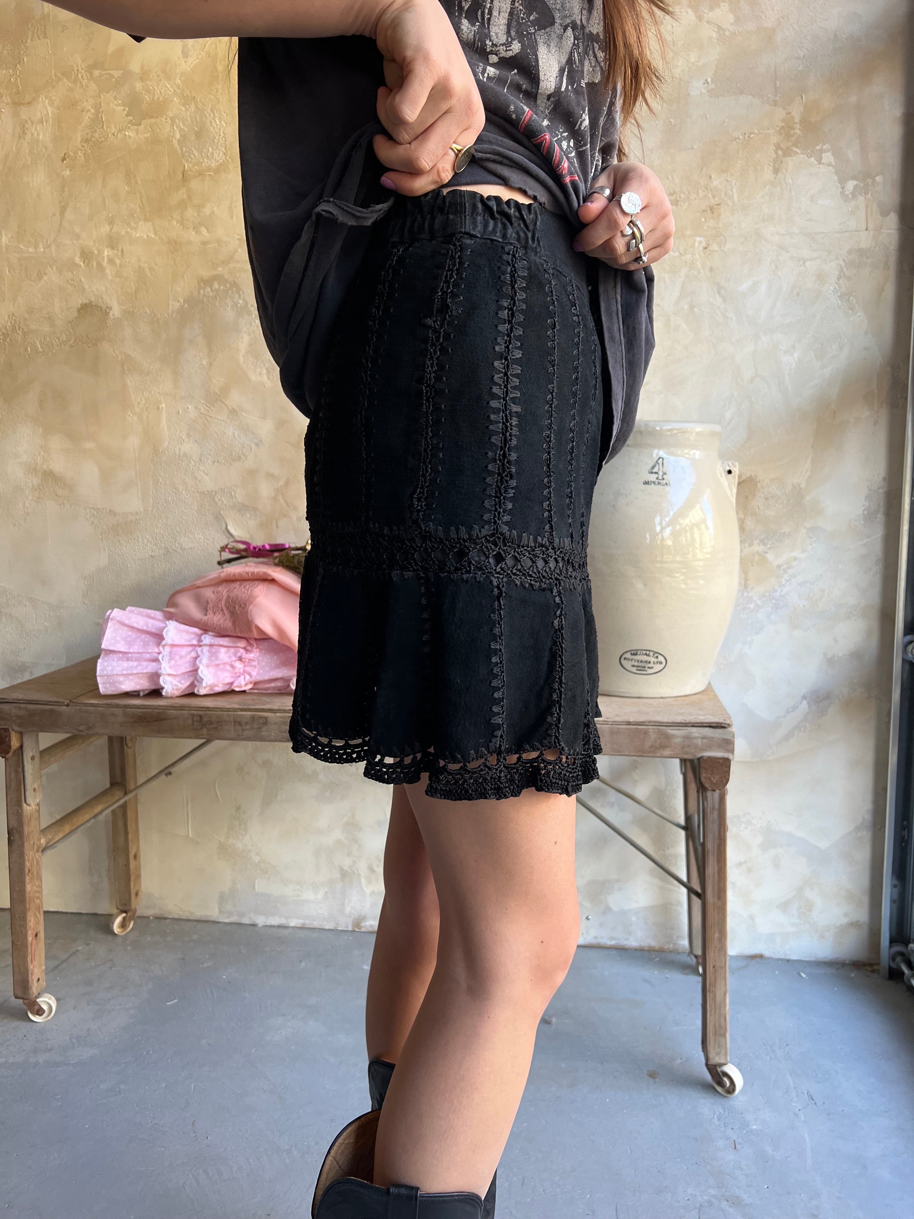 Black Suede Crochet Mini Skirt