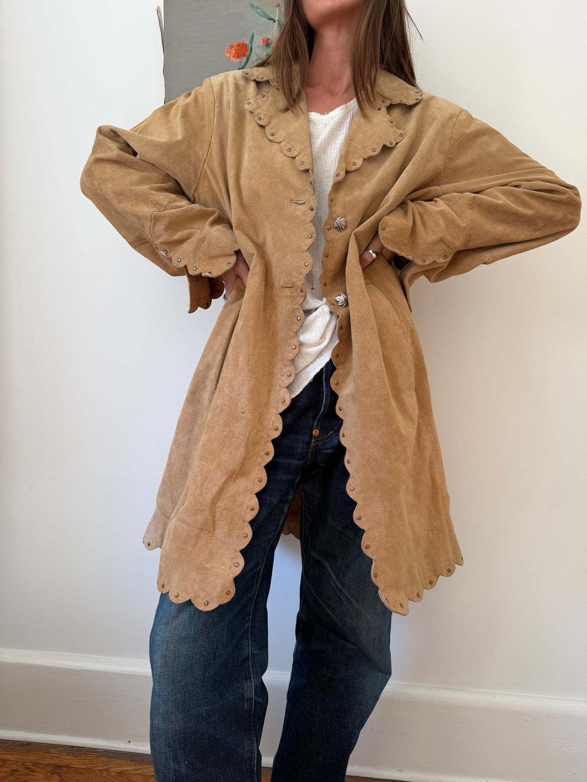 Scalloped Studded Suede Trench
