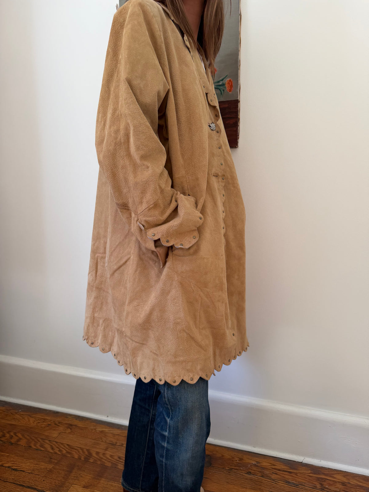 Scalloped Studded Suede Trench