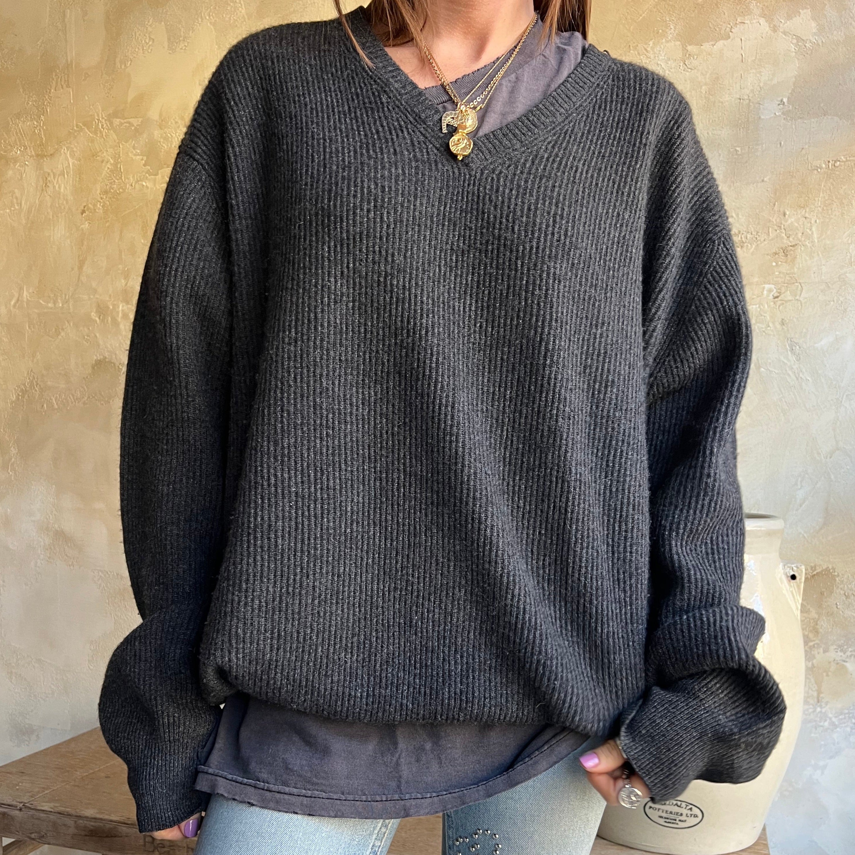 Charcoal Ribbed Cashmere Pullover