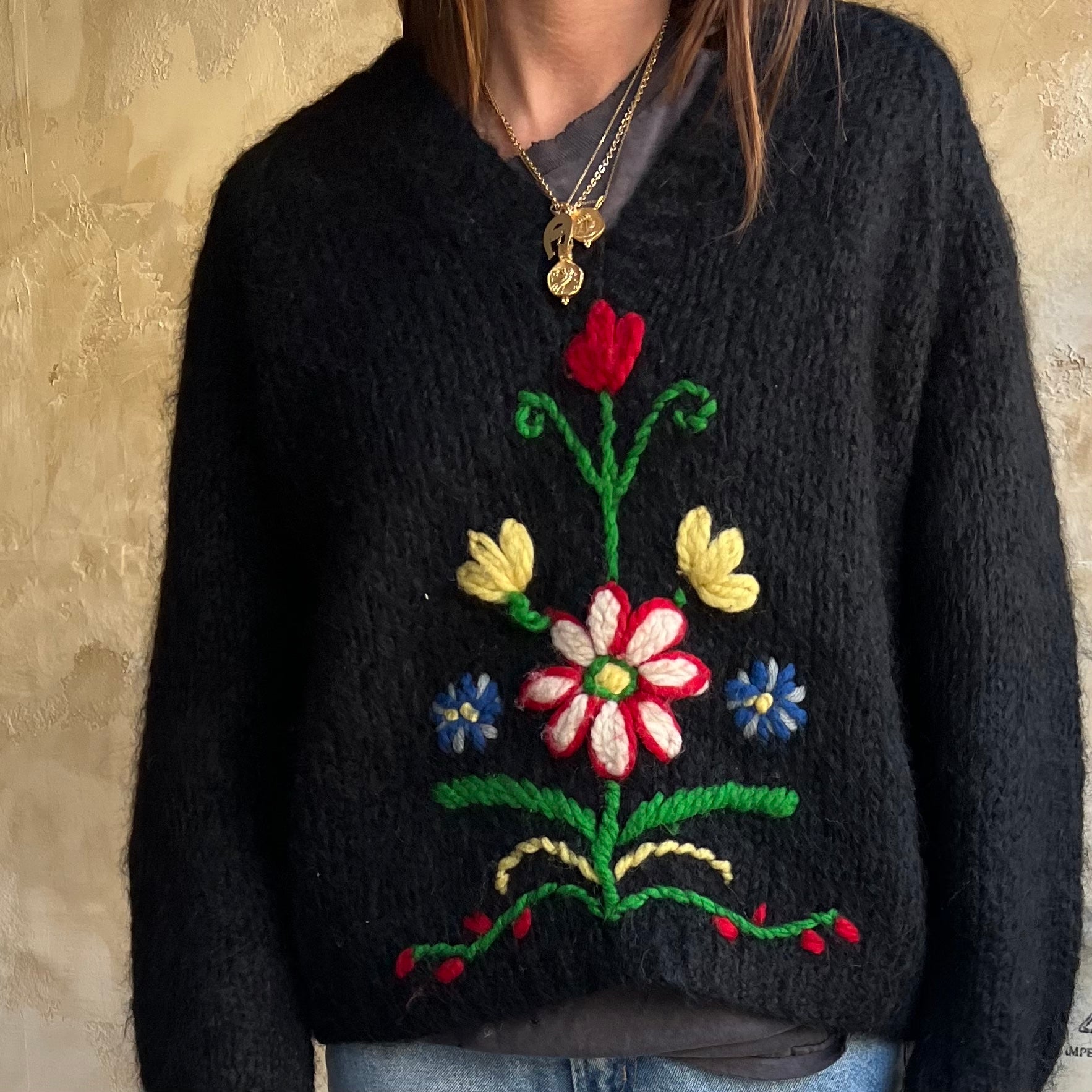 Black Floral Mohair Sweater