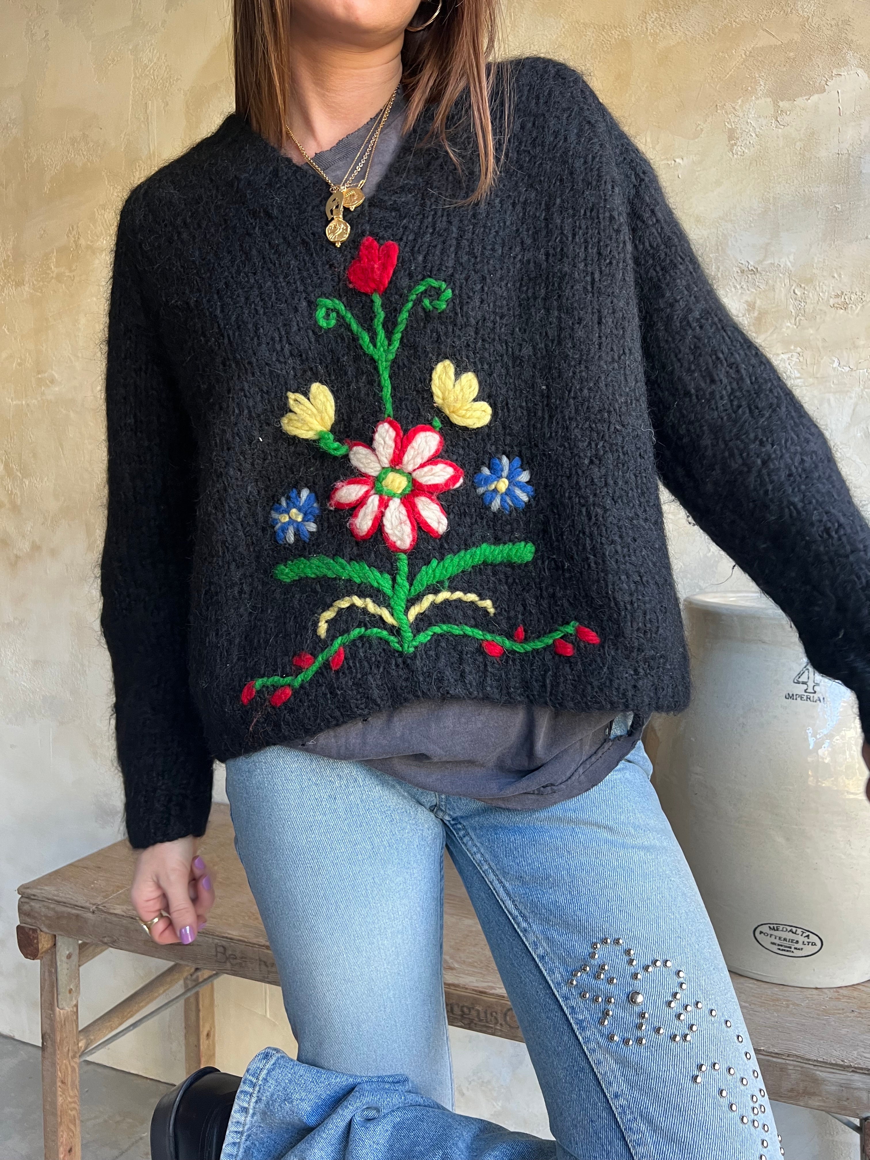 Black Floral Mohair Sweater