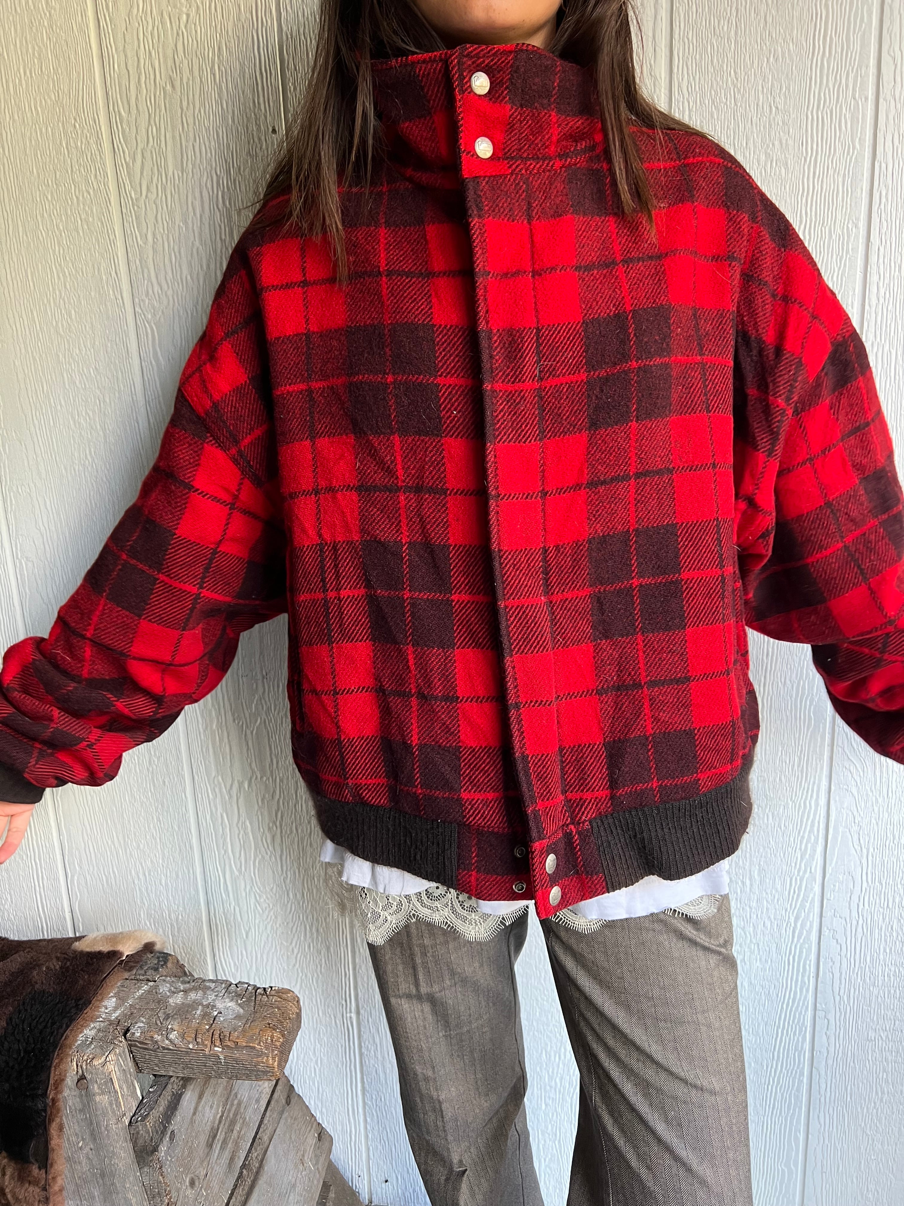 Red and Black Cropped Plaid Lumber Jacket