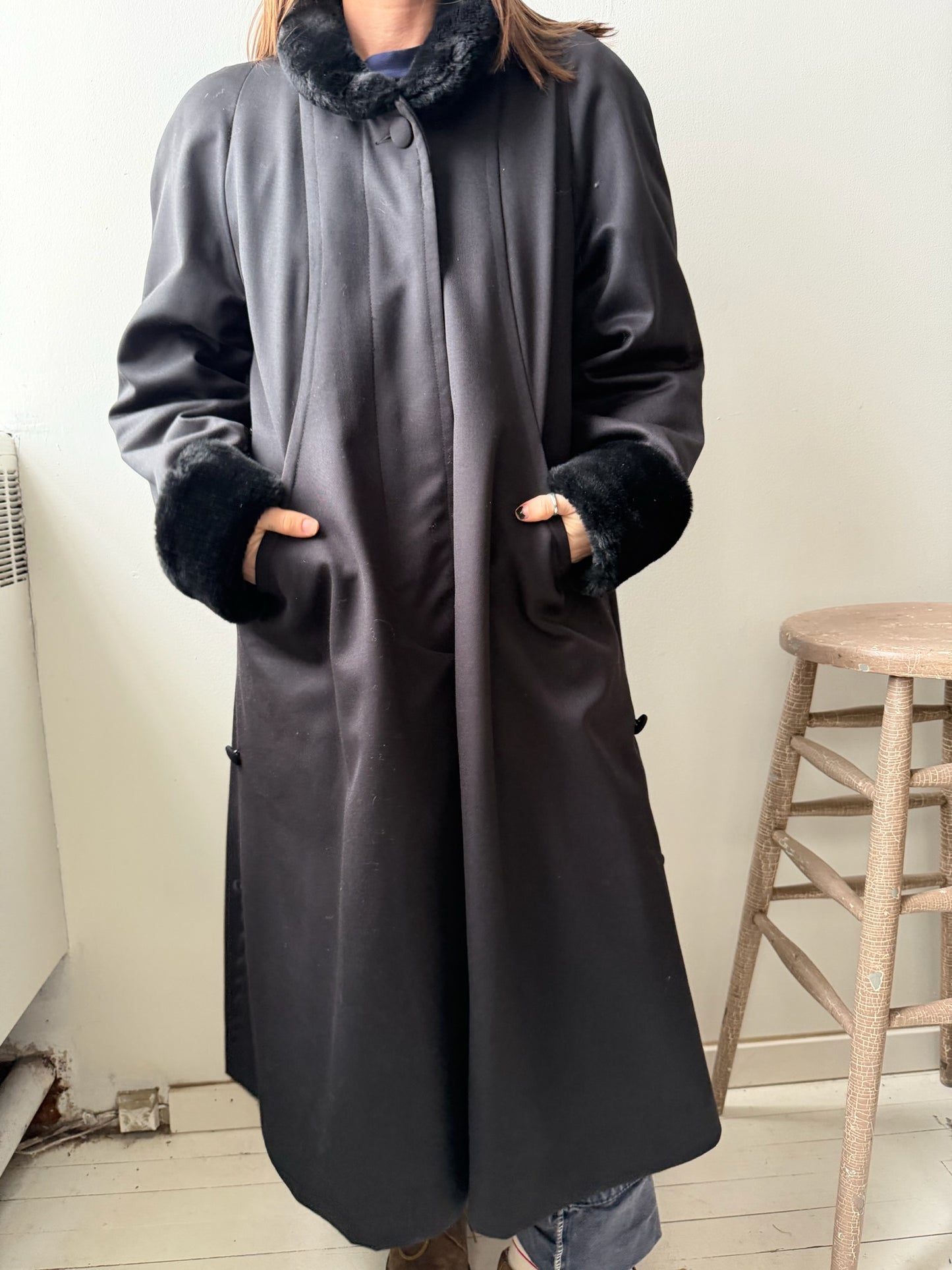 Black Faux Fur Trim Trench