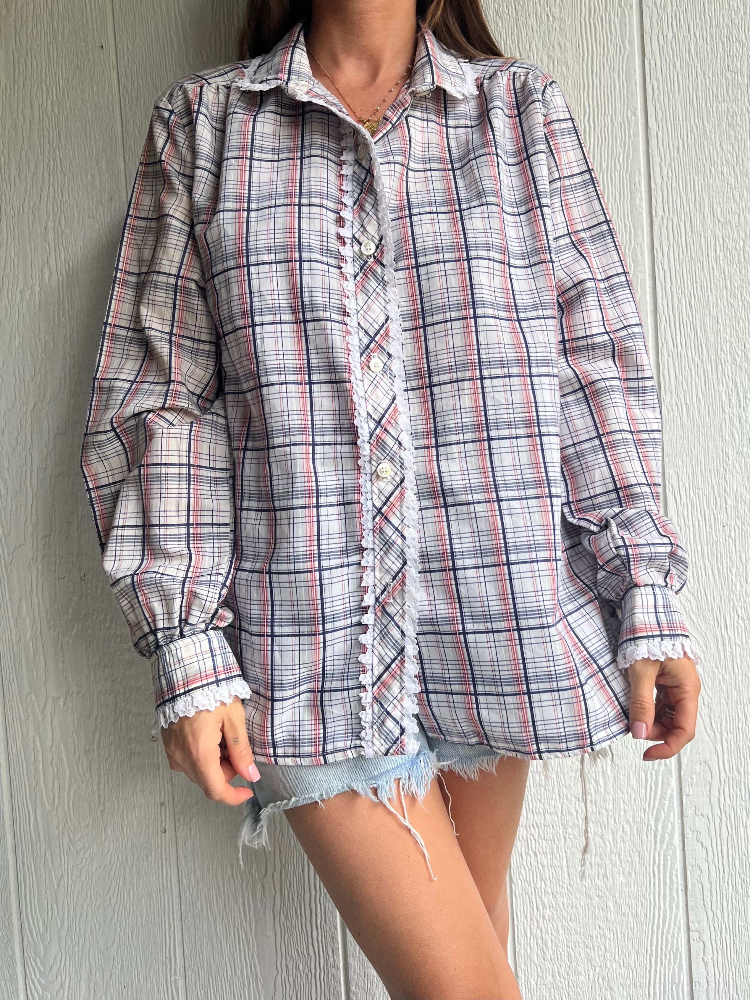 Blue and Red Plaid Lace Blouse