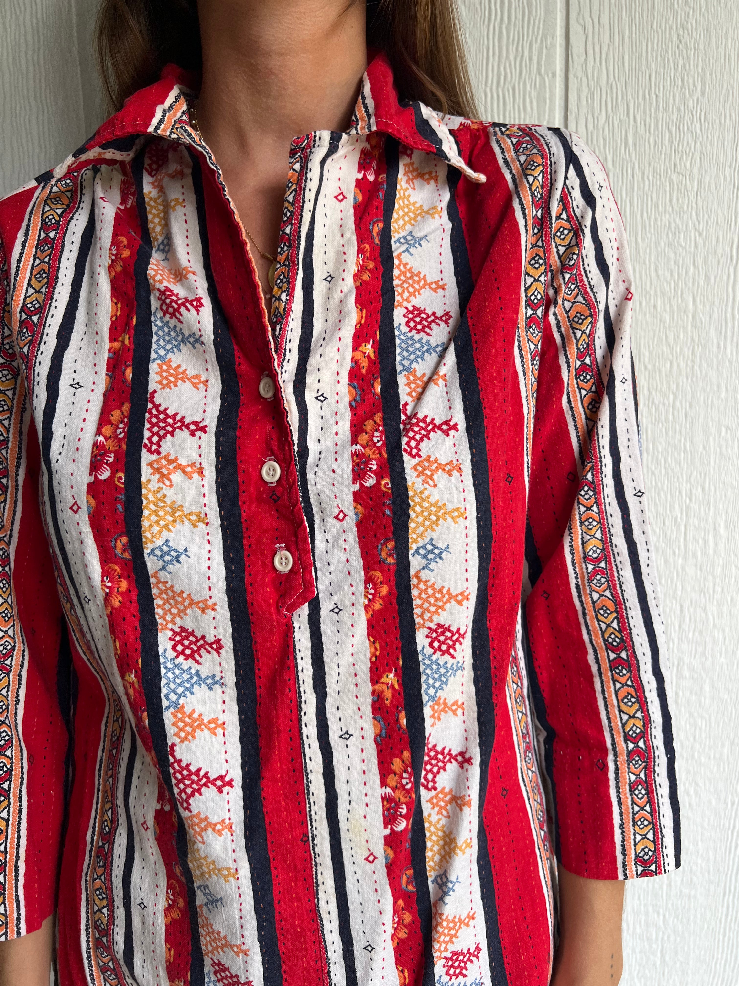 Funky Red Stripe + Patterned Blouse