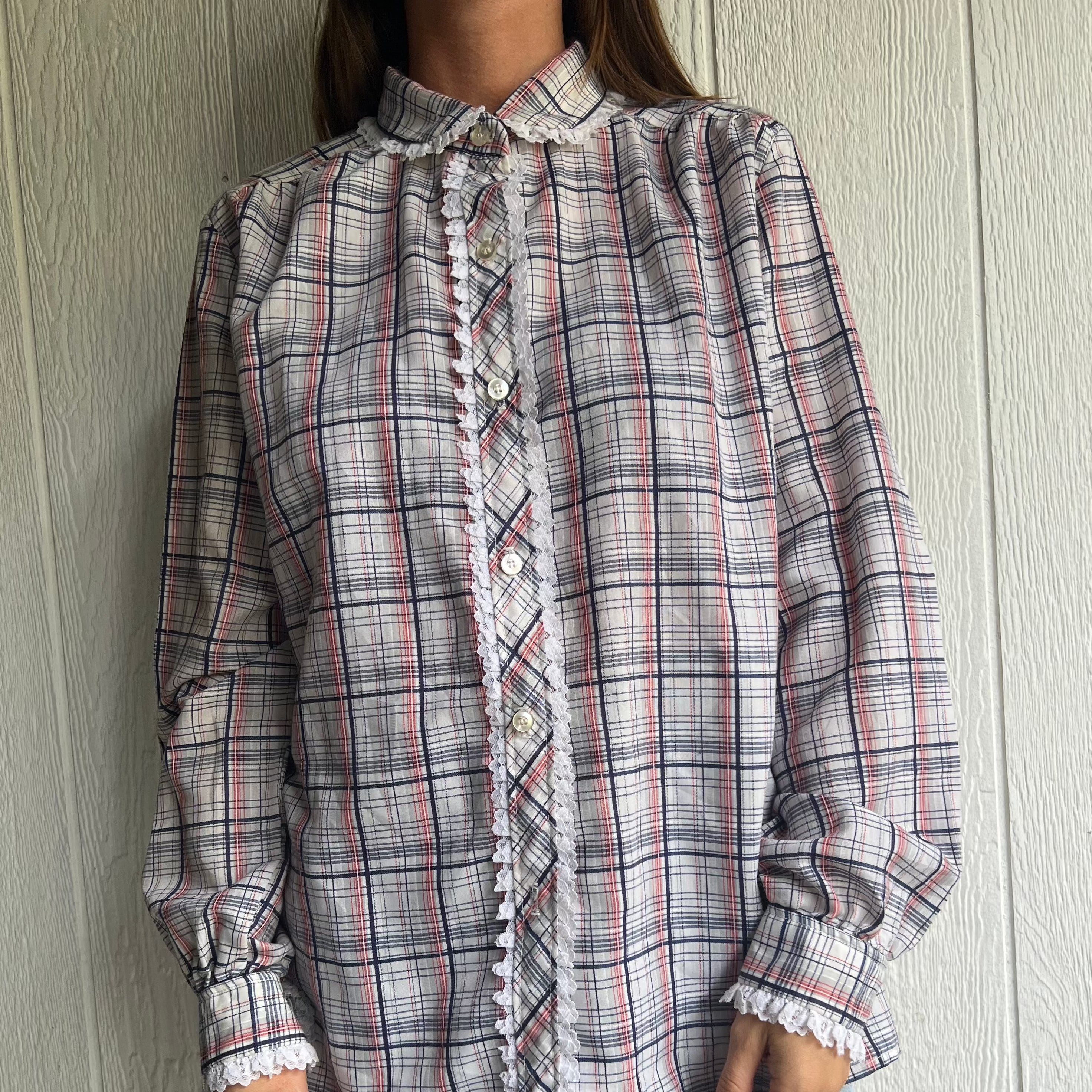 Blue and Red Plaid Lace Blouse